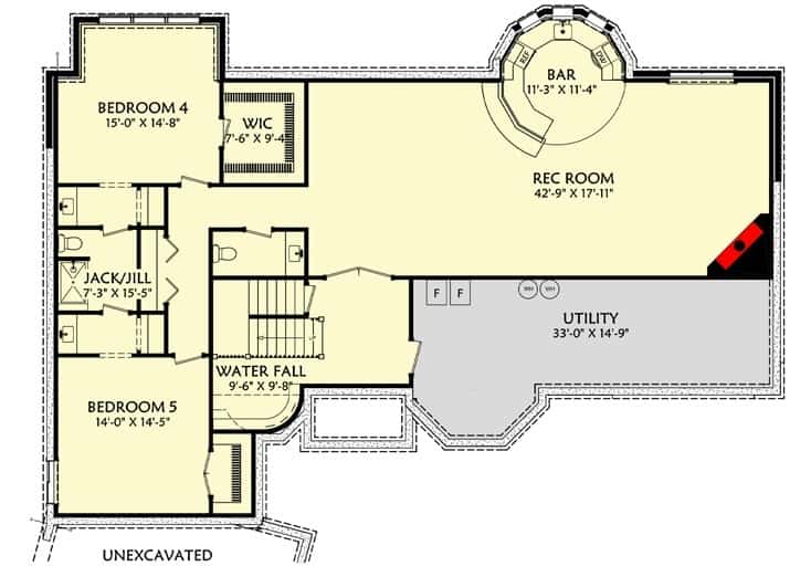 Lower level floor plan with a rec room and a two bedrooms sharing a Jack and Jill bath.