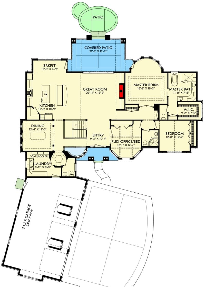 Main level floor plan of a single-story transitional style 5-bedroom home with foyer, great room, kitchen, breakfast nook, dining room, two bedrooms, office/bedroom, and laundry leading to the angled garage.