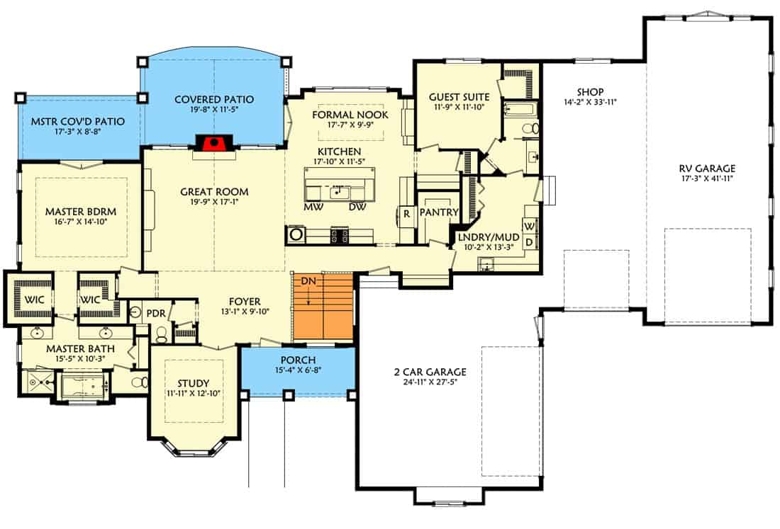 Main level floor plan of a single-story 3-bedroom New American home with foyer, great room, kitchen, formal nook, two bedroom suites, study, and laundry/mudroom leading to the garage.