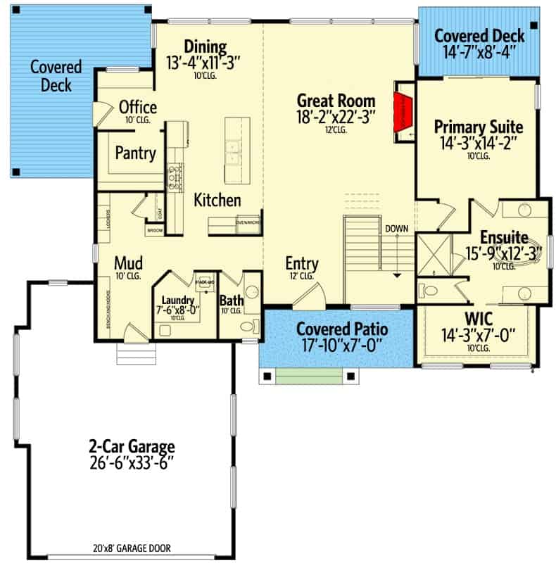 Main level floor plan of a contemporary single-story 4-bedroom Prairie home with great room, kitchen, dining area, primary suite, office, laundry, and mudroom leading to the garage.