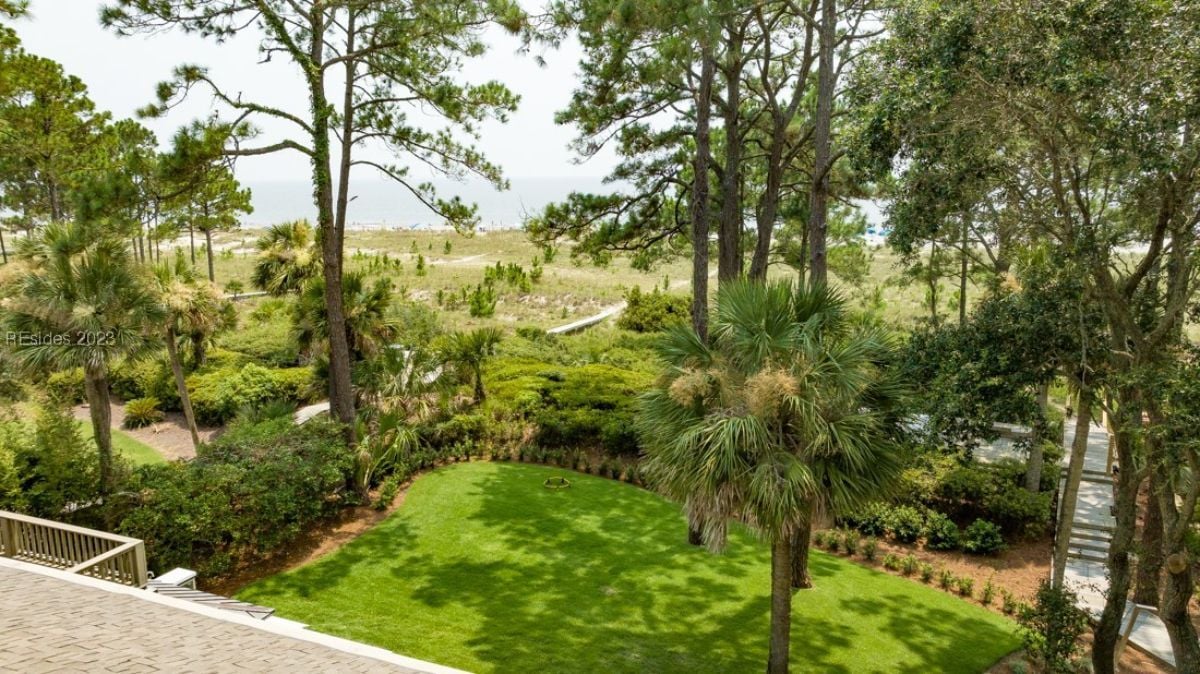 Aerial view of the backyard and a view of the ocean.