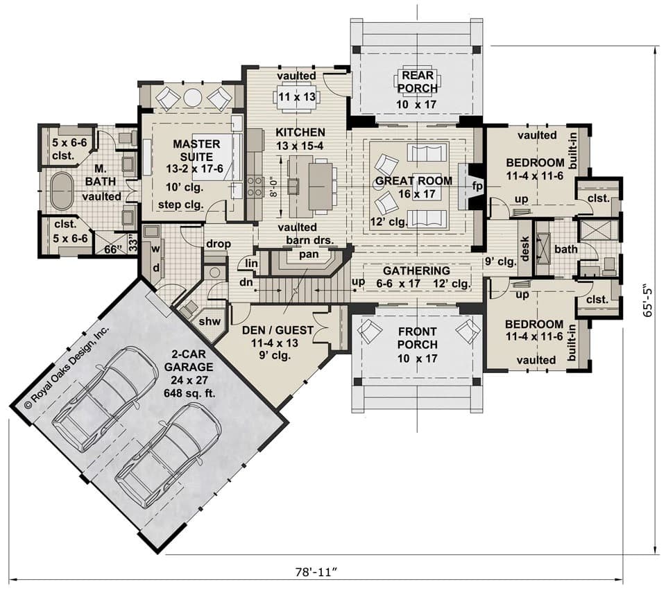 Main level floor plan of the Misty Grove 4-bedroom single-story modern farmhouse with great room, kitchen, dining area, three bedrooms, a den/guest, and laundry leading to the garage.