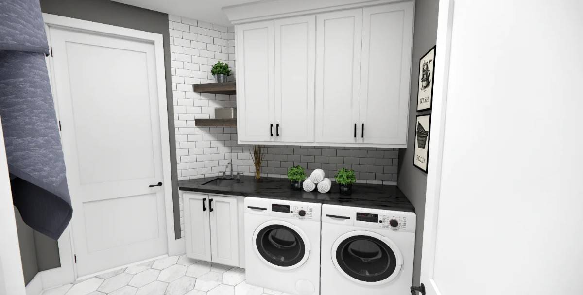 Laundry room with white cabinets, front-load appliances, and floating shelves fixed against the subway-tiled backsplash.