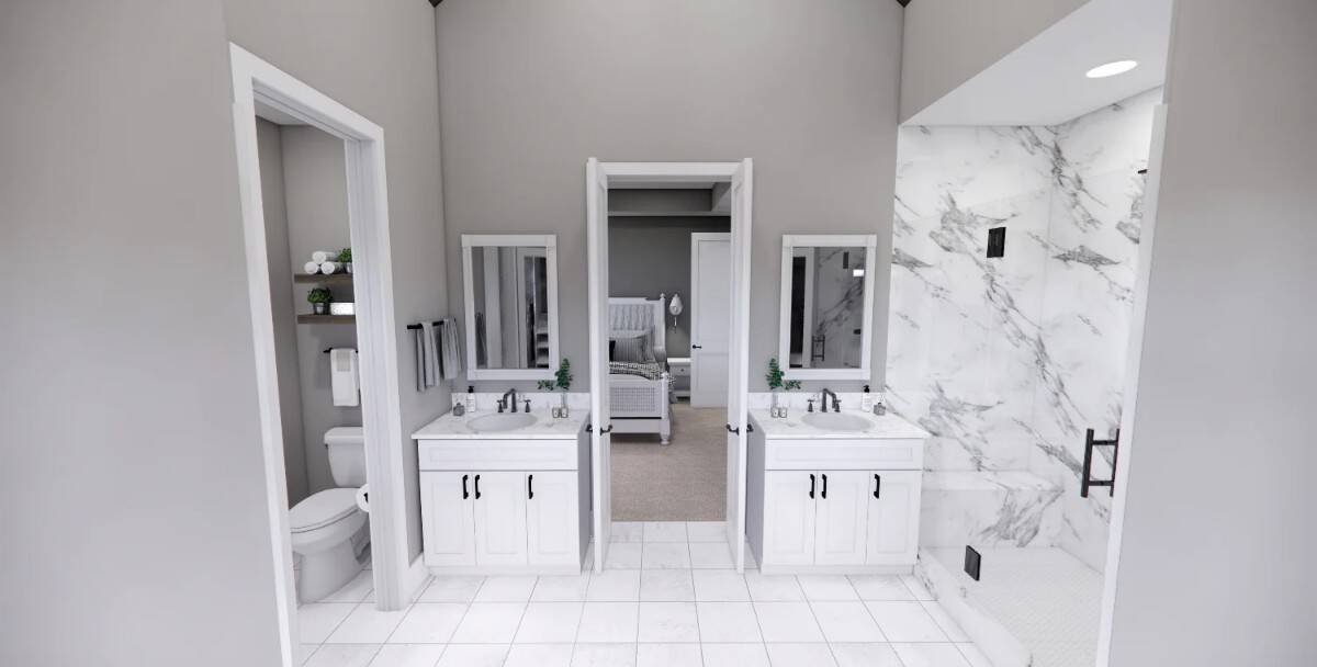 The primary bathroom includes two vanities, a toilet room, and a tiled shower with a built-in bench.