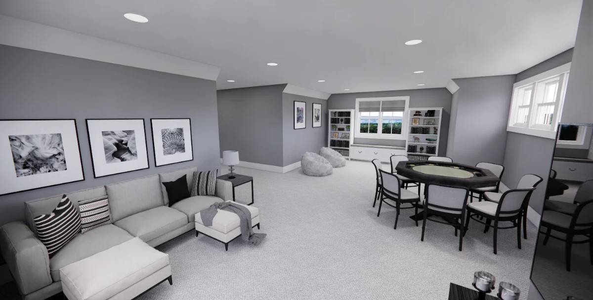 Bonus room with a sectional sofa, a poker table, and a window seat flanked by shelving units.