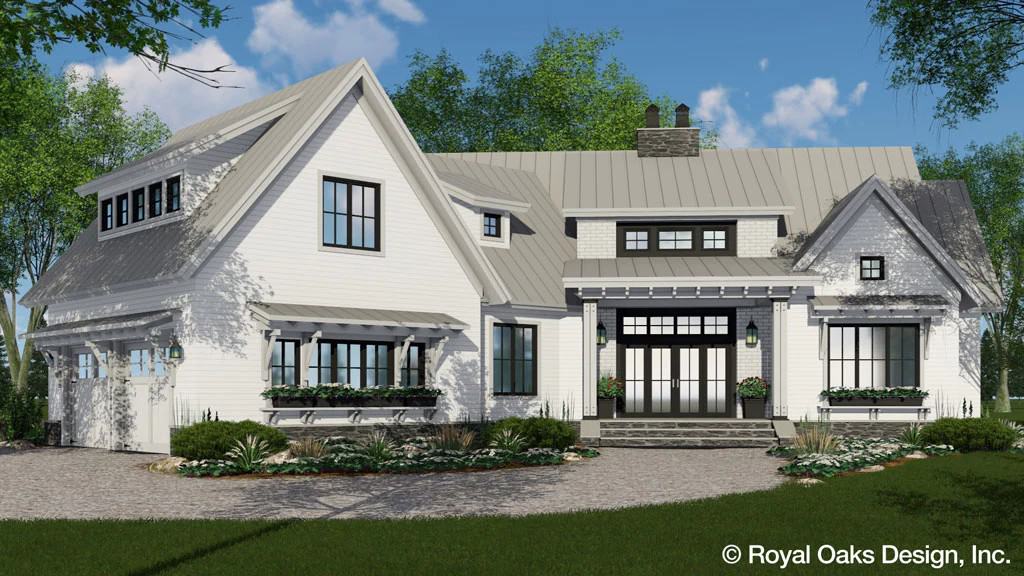 Front rendering with gable rooflines, shed dormers, and a covered entry porch.