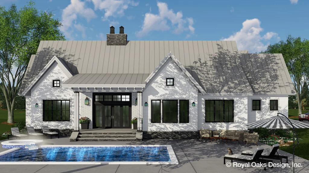 Rear rendering with a covered patio and a pool terrace.