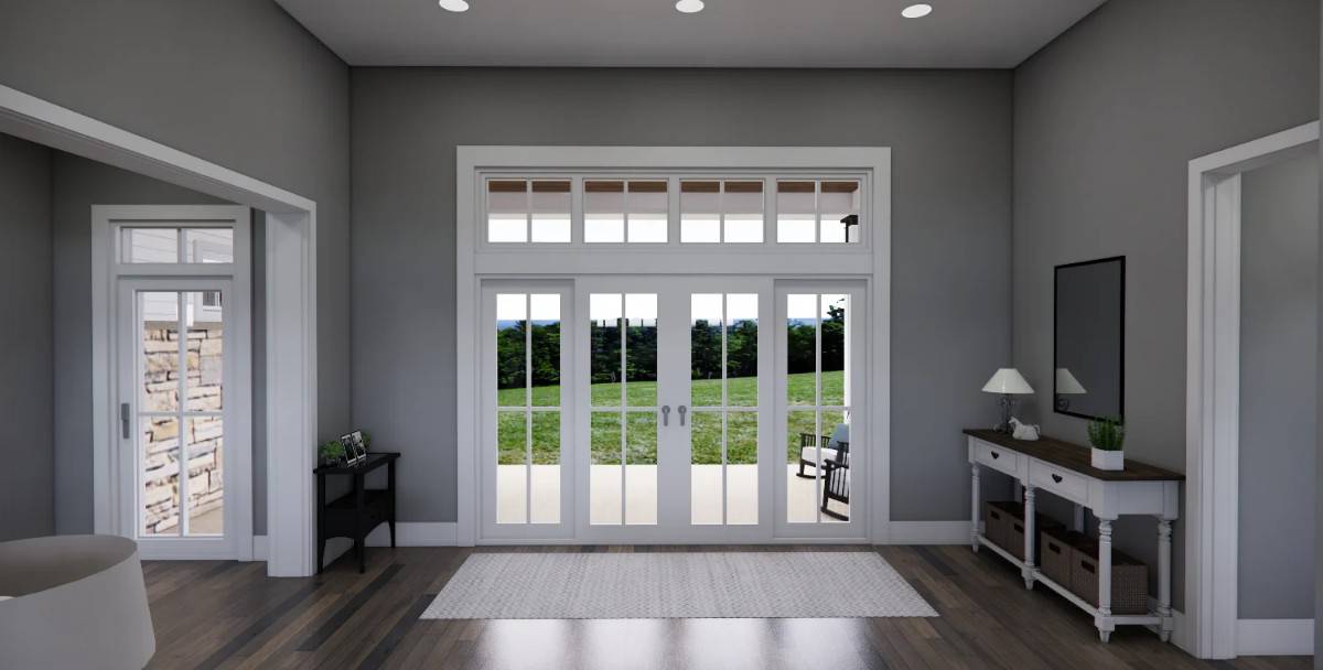 Foyer with a French front door, a white console table, and a striped runner that lays on the hardwood floor.