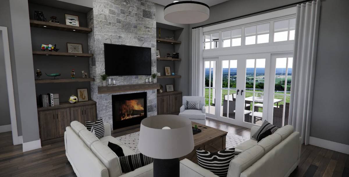 Great room with beige sofas and a stone fireplace flanked by wooden built-ins.