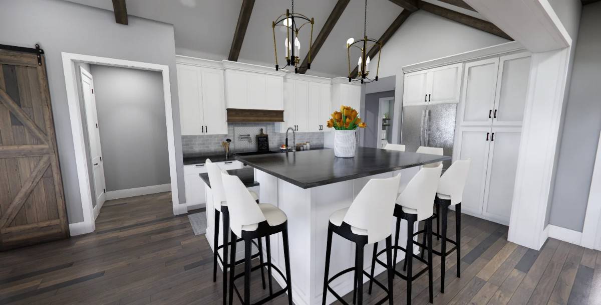 Kitchen with white cabinetry and a center island under a cathedral ceiling with exposed beams.