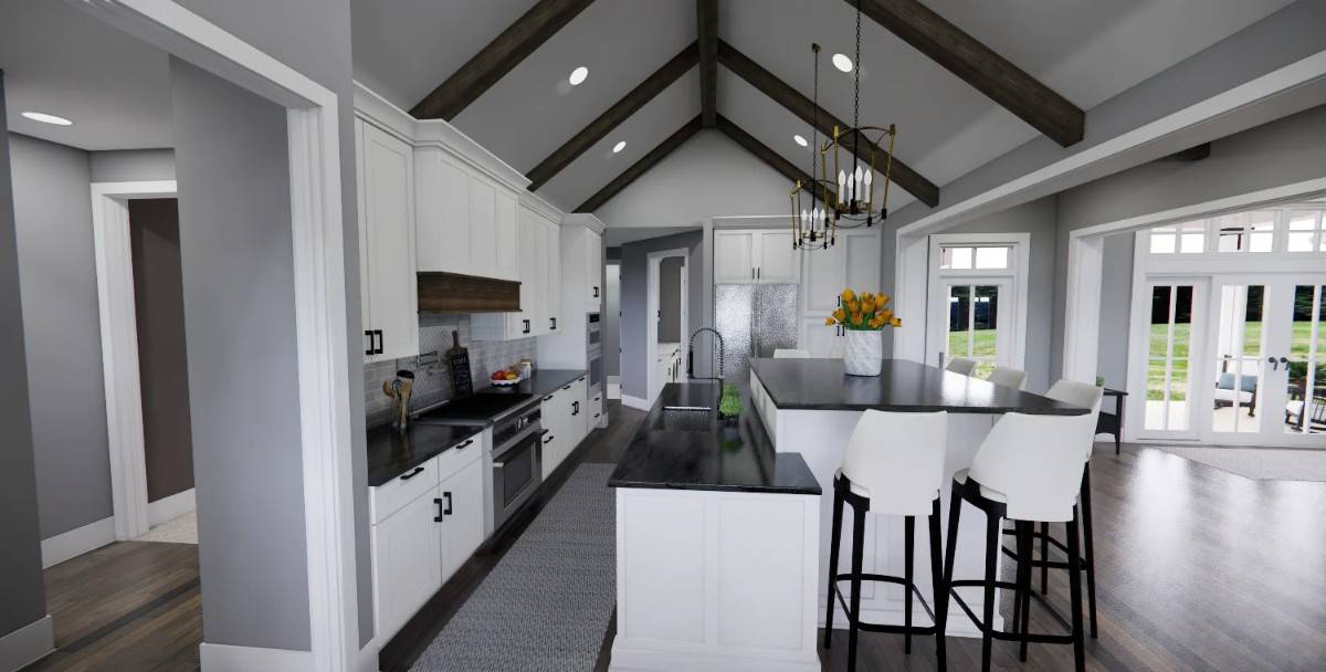 The kitchen includes a sink and a raised eating counter integrated to the island.