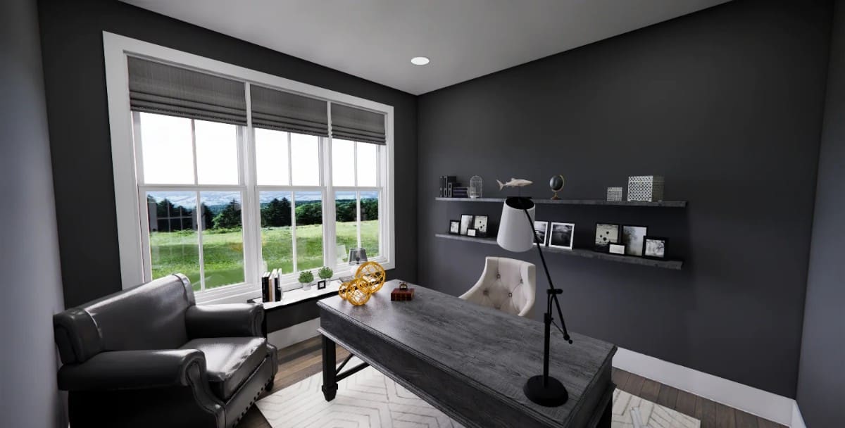 Home office with leather chairs, a rustic desk, and matching shelves fixed against the black wall.