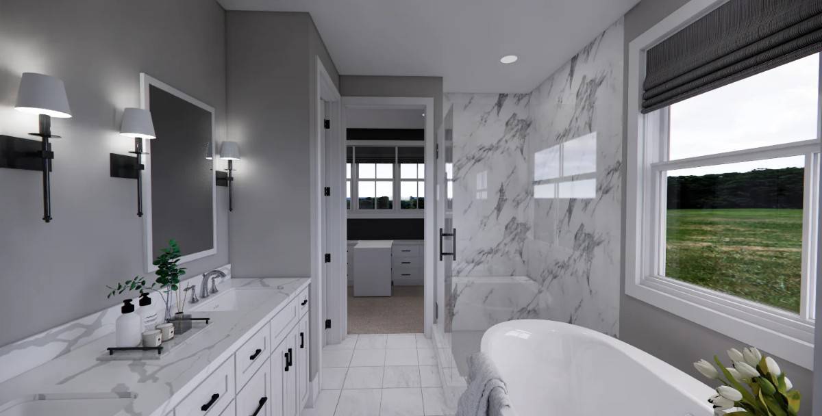 Primary bathroom with a dual sink vanity, a soaking tub, and a walk-in shower with a tiled bench.