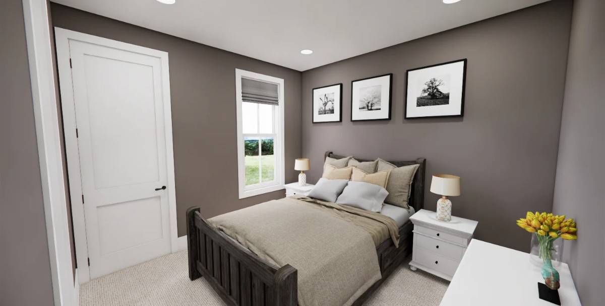 Second bedroom with a rustic bed, white cabinets, and taupe walls adorned by framed artworks.