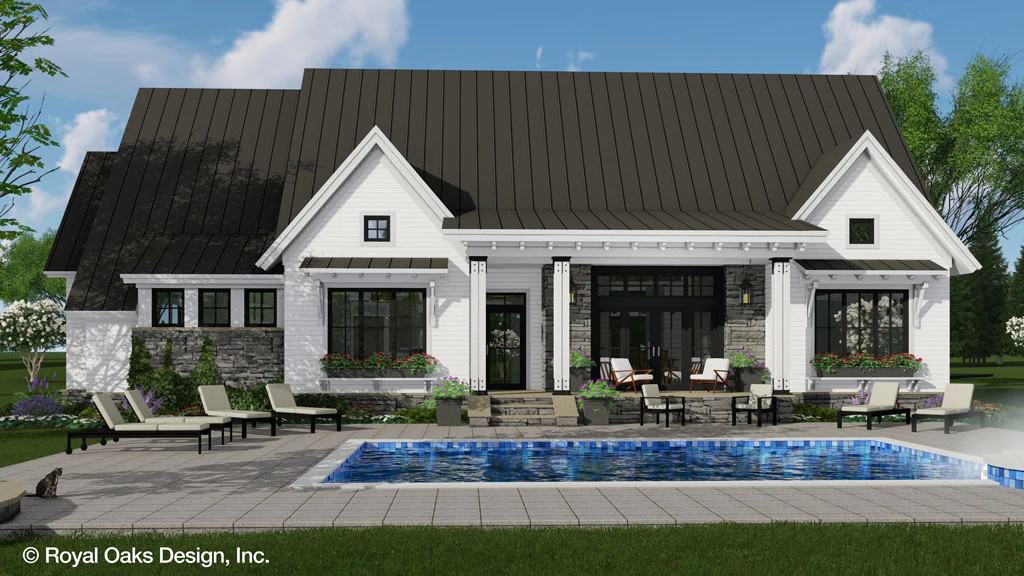 Rear rendering with a covered porch that transitions to a pool terrace.