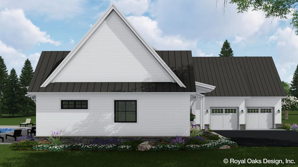 Left rendering with a large gable, clapboard siding, and a double garage.