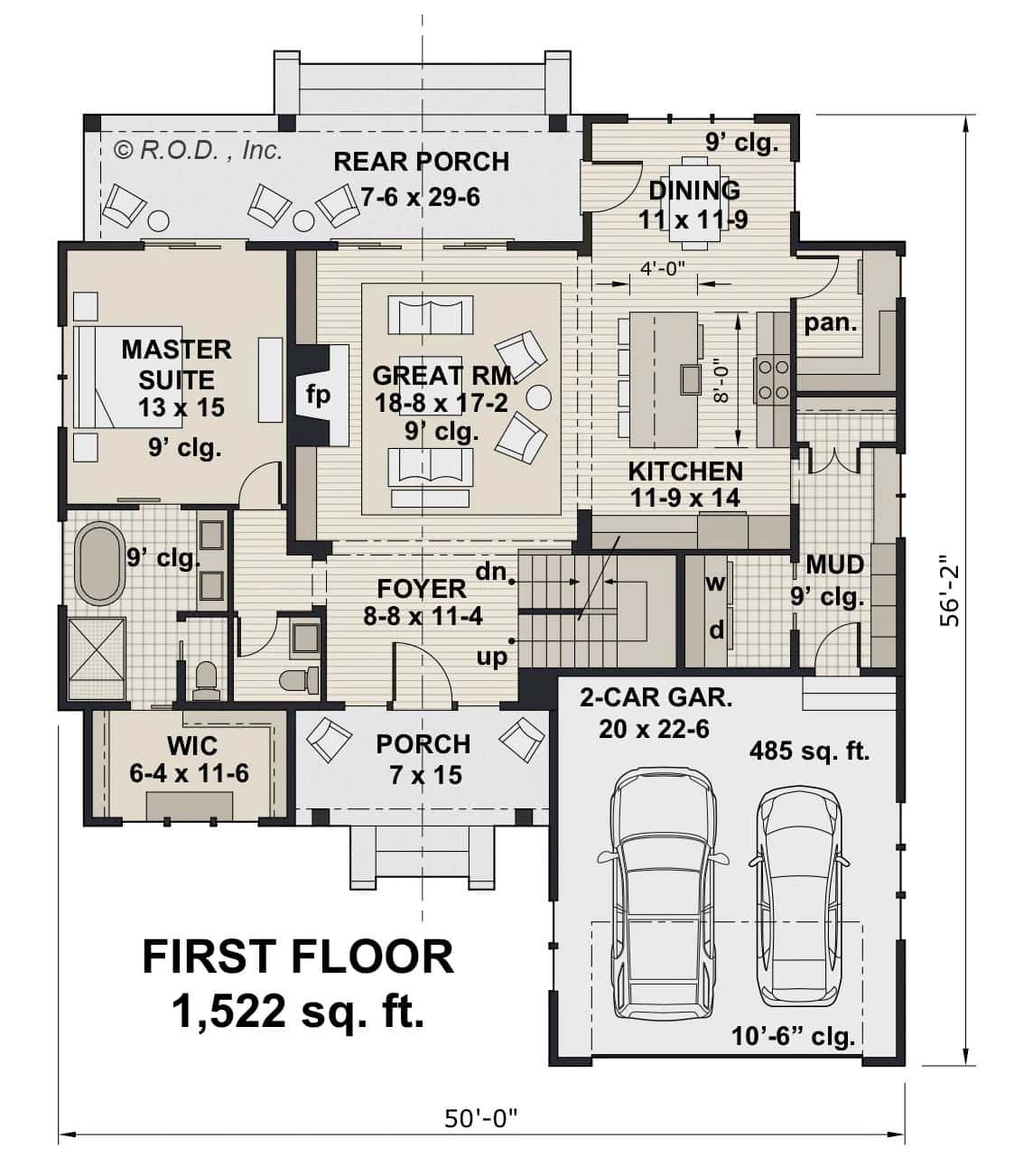 Main level floor plan of the Mossy Pine two-story 3-bedroom modern farmhouse with foyer, great room, kitchen, dining area, primary suite, laundry, and mudroom leading to the garage.