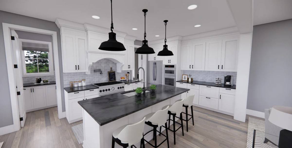 Kitchen with white cabinetry, contrasting countertops, and a breakfast island with four seating.