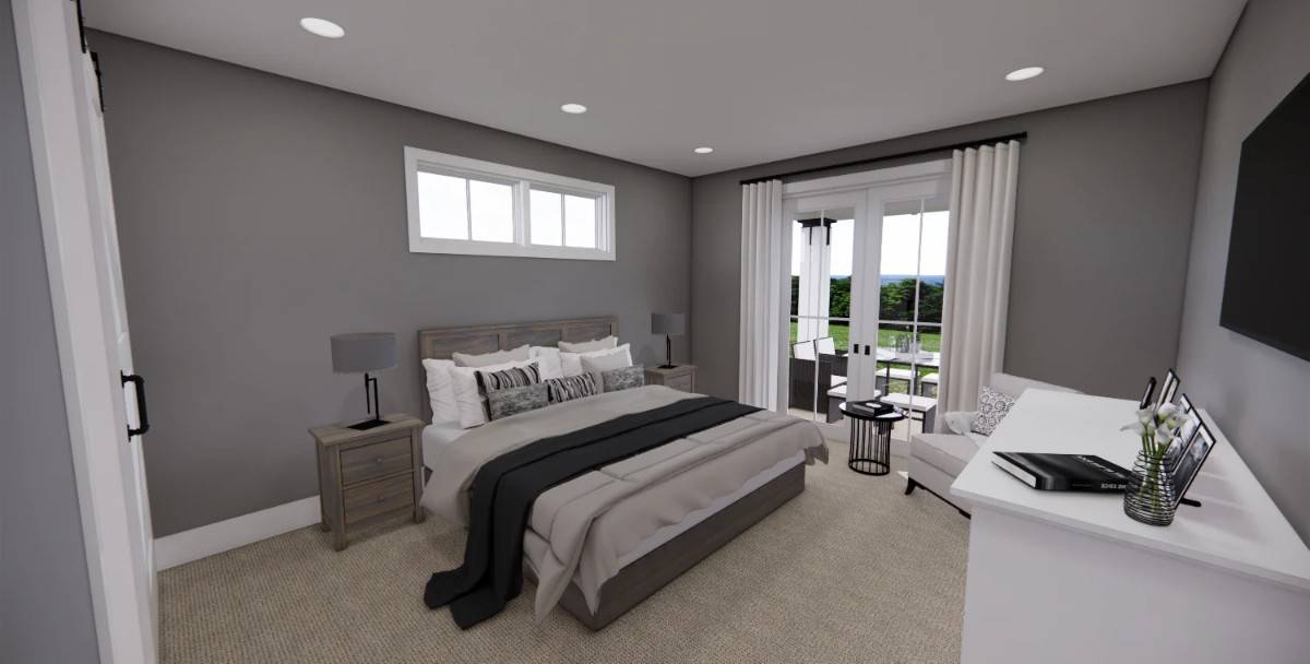 Primary bedroom with wooden furnishings, a wall-mounted TV, and a French door that opens onto the rear porch.