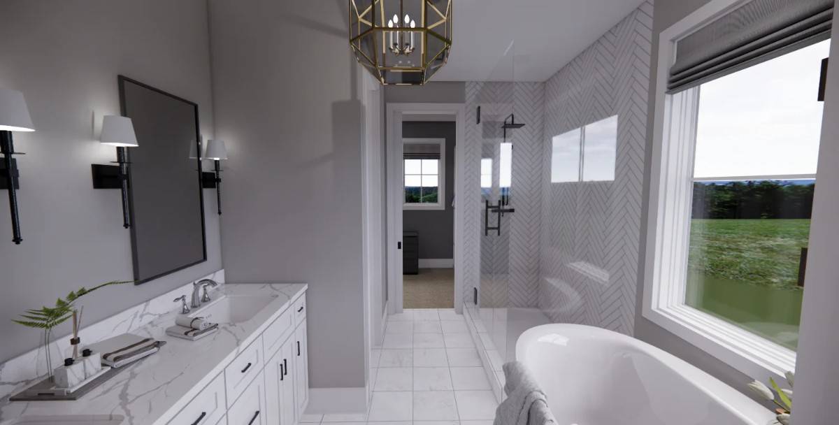 Primary bathroom with a dual sink vanity, a tiled shower, and a freestanding tub brightened by a picture window.