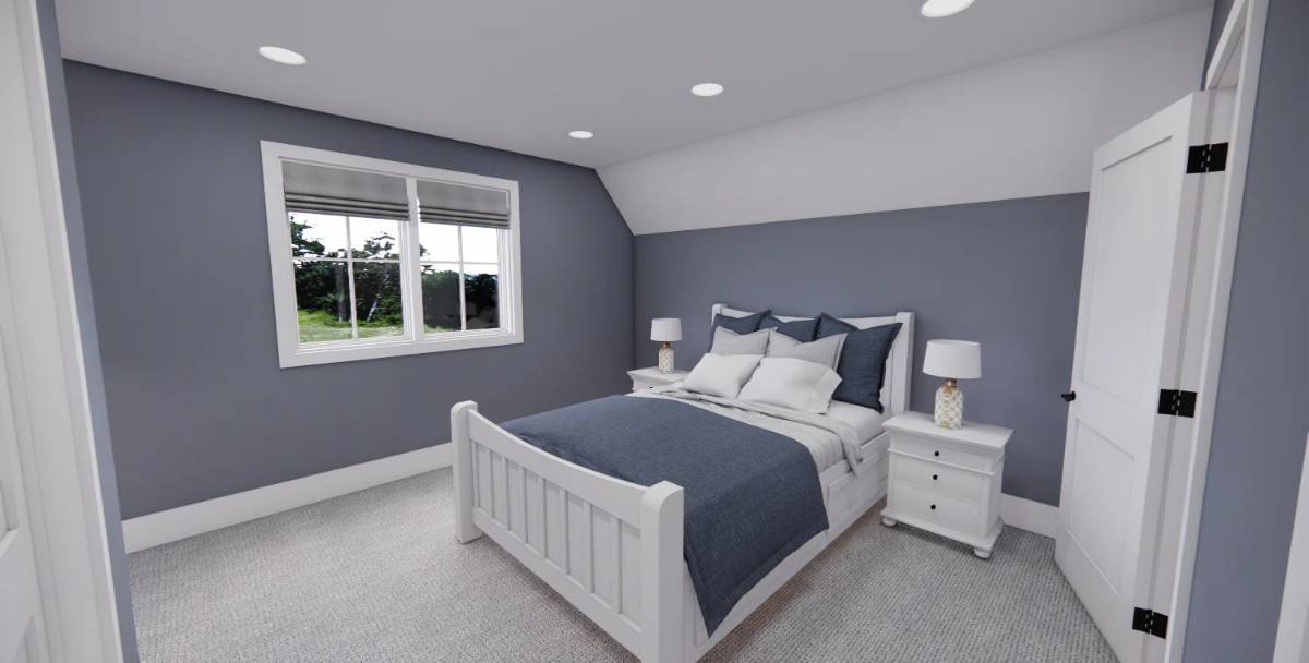 Third bedroom with grayish blue walls, white furnishings, and a vaulted ceiling.