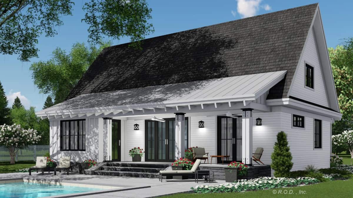 Rear rendering with a covered patio that transitions to the pool terrace.