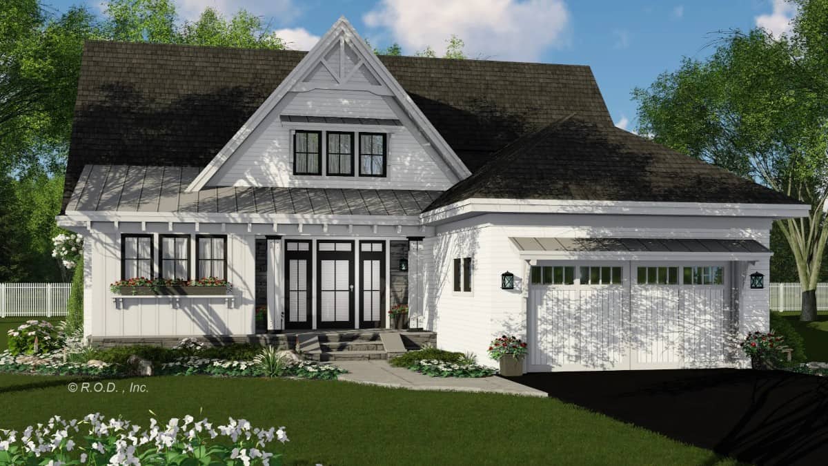 Front rendering with a covered entry porch and a double garage topped with metal roofs.