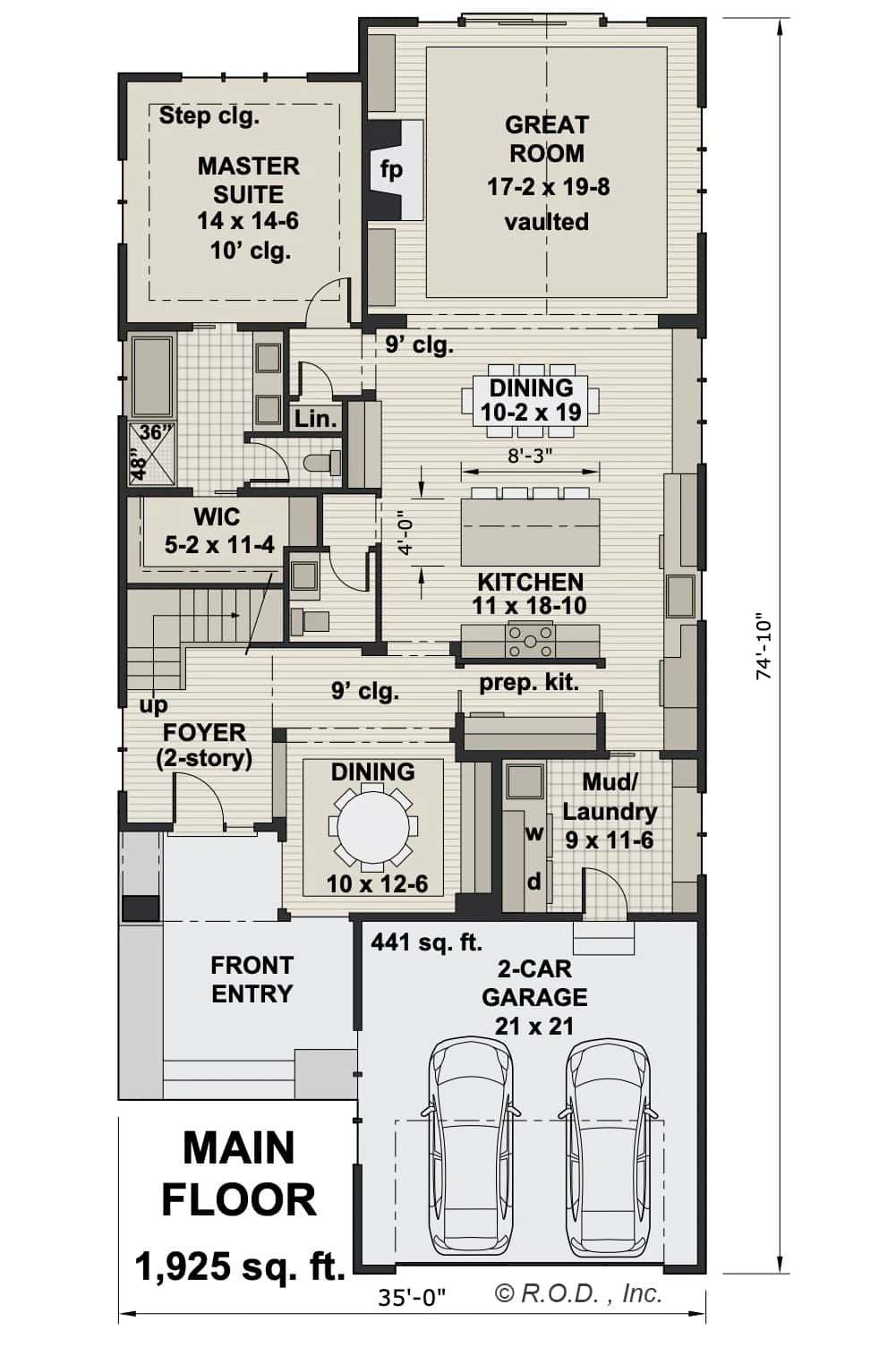 Main level floor plan of the Wexford 4-bedroom two-story modern farmhouse with foyer, dining room, kitchen, dinette, great room, primary suite, and mudroom leading to the garage.