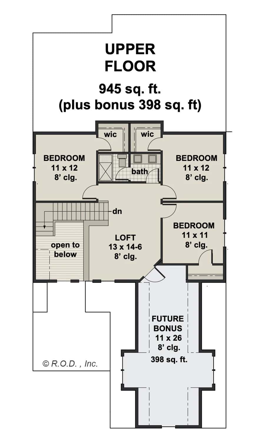 Second level floor plan with three bedrooms, a shared bathroom, a loft, and a future bonus room.