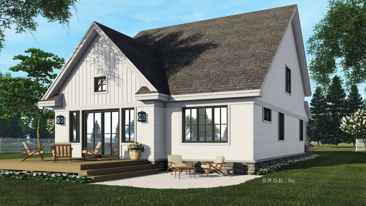 Rear rendering with huge windows and open patios.