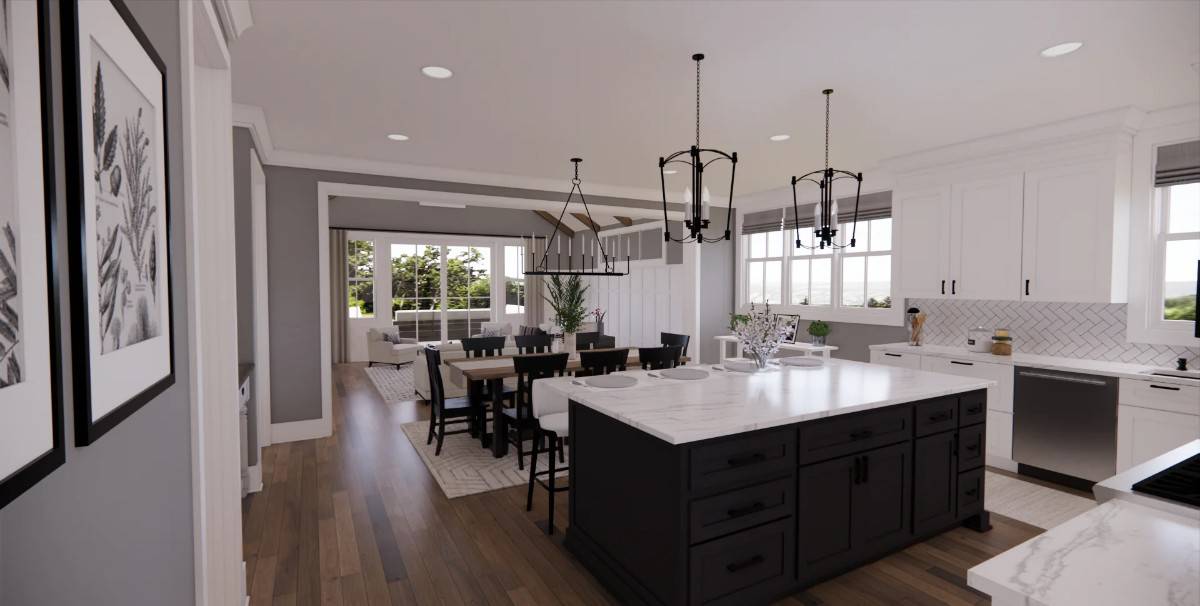 Eat-in kitchen with white cabinets, a contrasting island, and a wooden dining set over a patterned area rug.