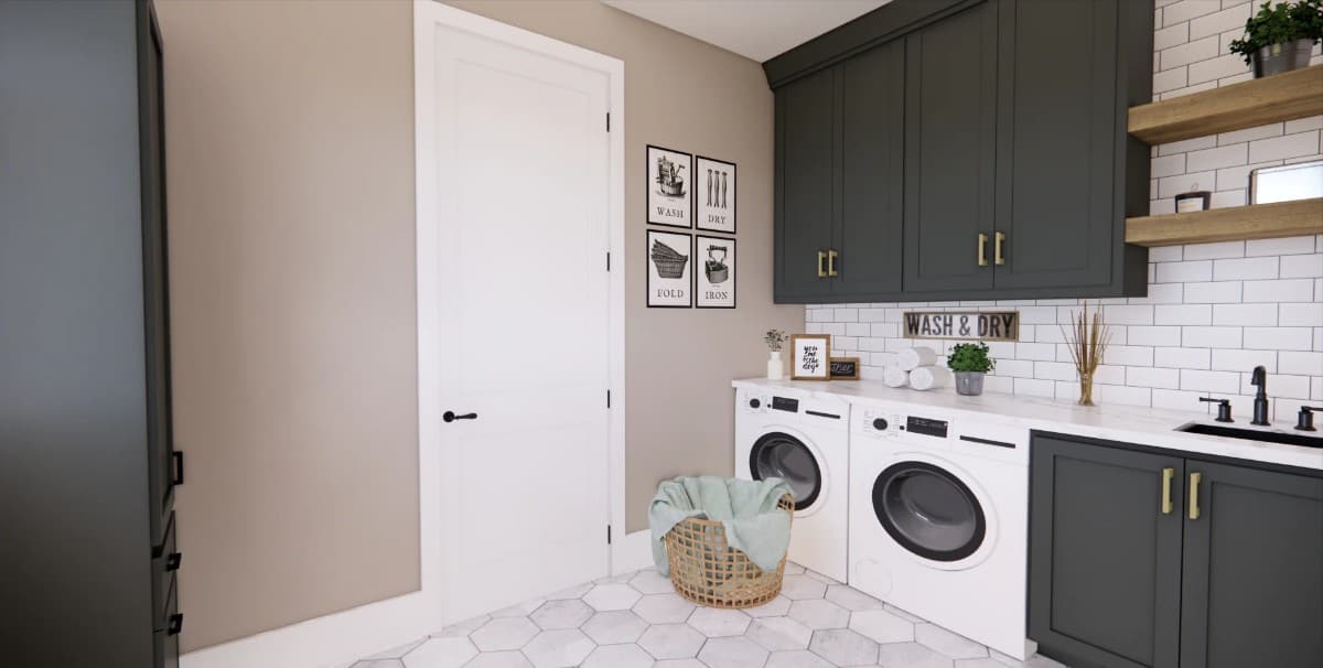 Laundry room with black cabinets, front-load appliances, and floating shelves fixed against the subway-tiled backsplash.