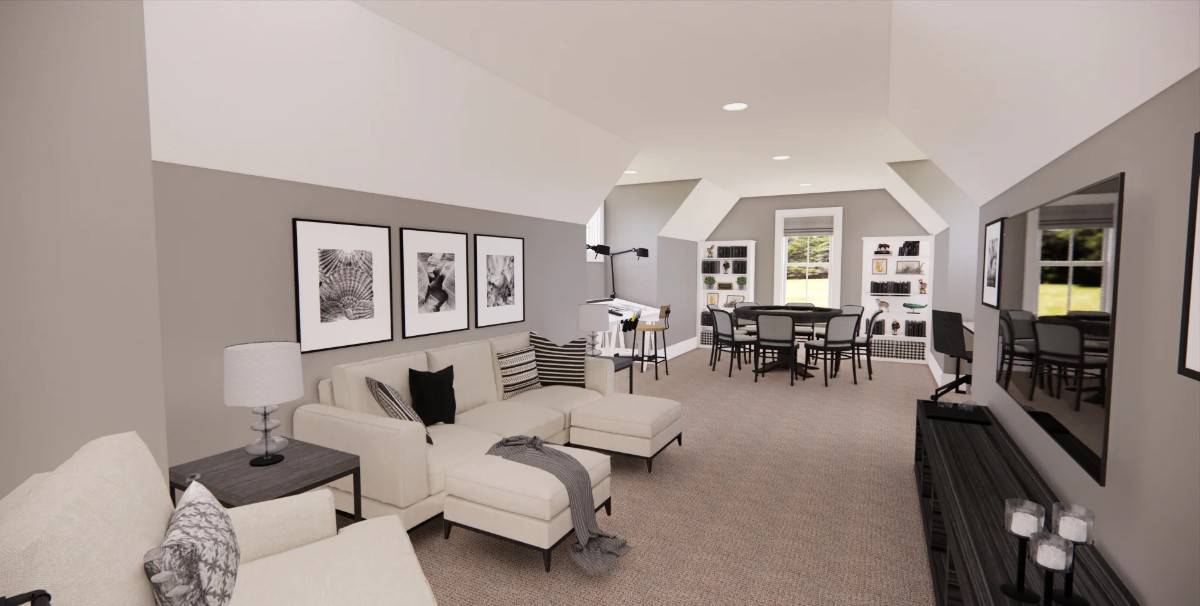 Bonus room with modern seats, a game table, and multiple desks.