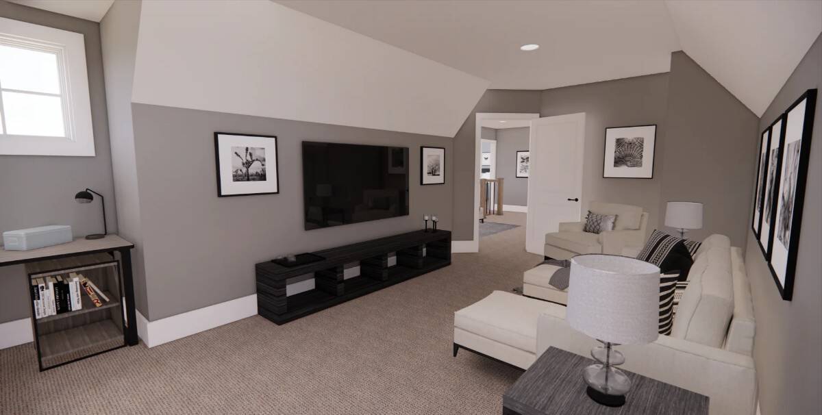 The bonus room includes a large TV mounted above the dark wood console table.
