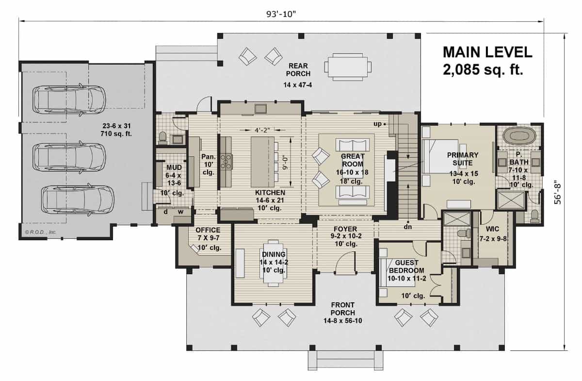 Main level floor plan of the Waterstone two-story 5-bedroom modern farmhouse with foyer, dining room, great room, kitchen, home office, two bedrooms, and mudroom leading to the garage.