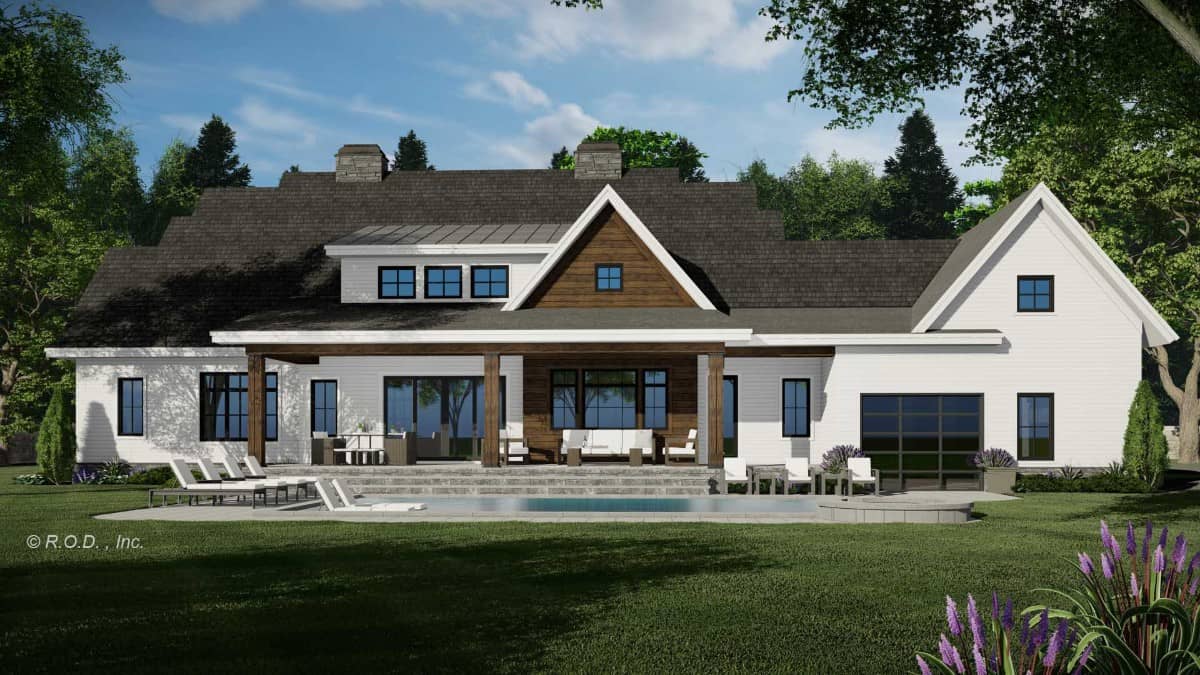 Rear rendering with a covered porch, a shed dormer, and a pool terrace.