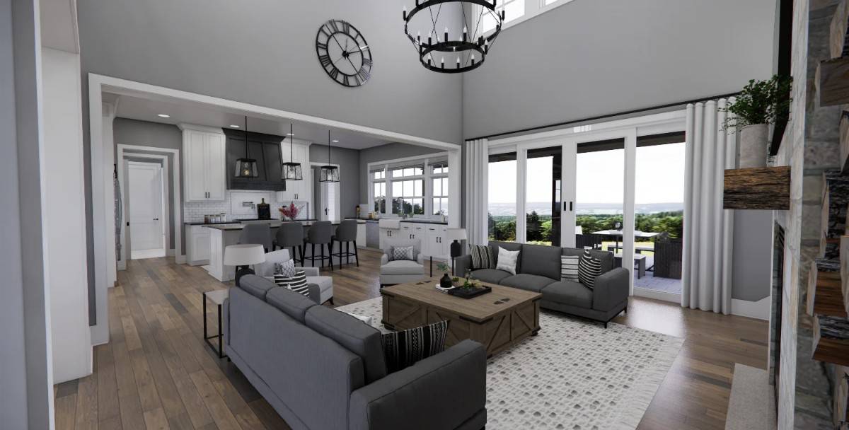 Great room and kitchen with oversized opening and sliding glass doors that open onto the back porch.