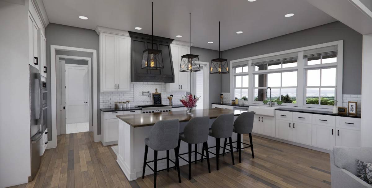 Kitchen with white cabinets, a farmhouse sink, and a breakfast island lined with four bar stools.