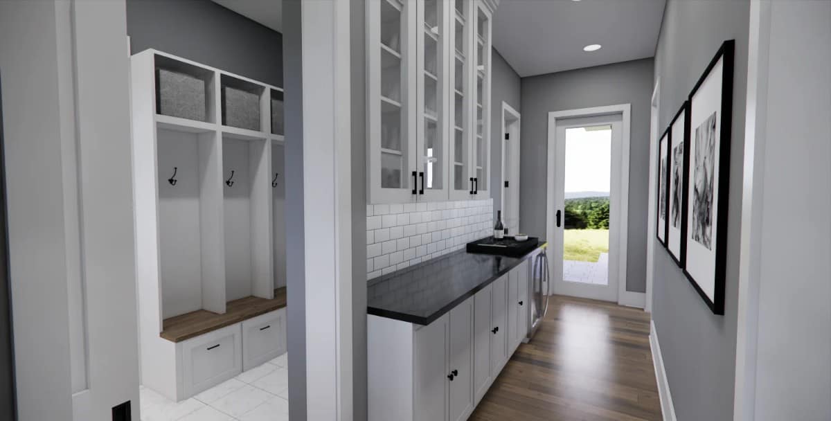 Butler's pantry with white and glass-front cabinets, a marble countertop, a wine fridge, and outdoor access.