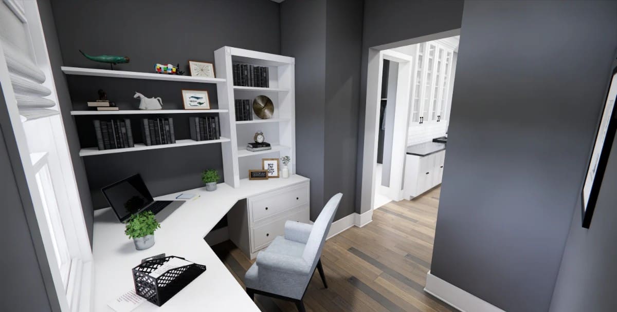 Home office with a corner desk. white built-ins, and dark gray walls.