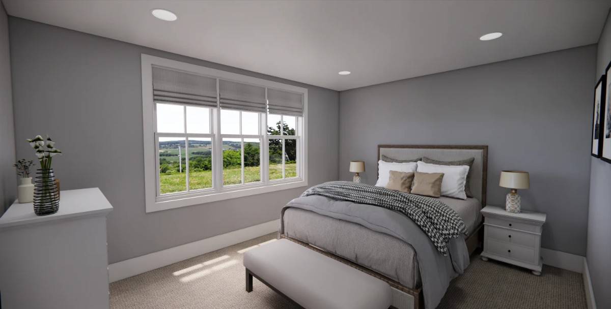 Secondary bedroom with white tables and a wooden bed complemented with a cushioned bench.