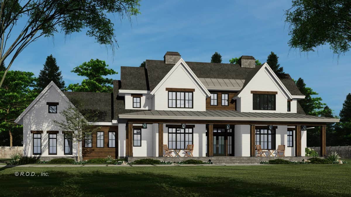 Front rendering with gable rooflines and an expansive entry porch framed with wooden columns.