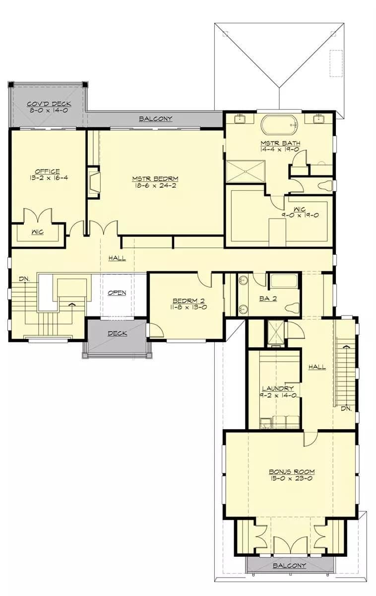 Second level floor plan with two bedrooms, two baths, home office, laundry, and bonus room.