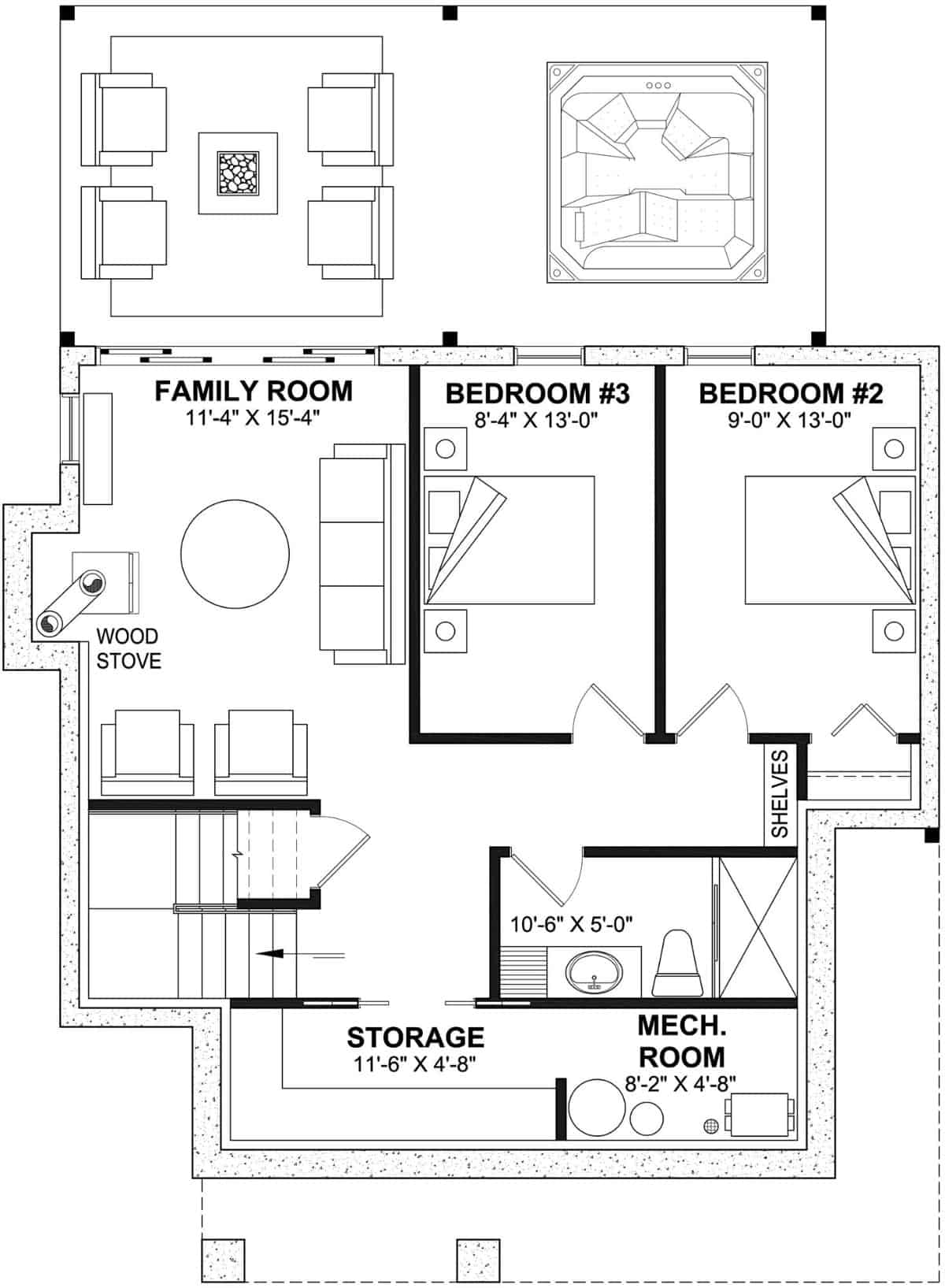 Lower level floor plan with two more bedrooms, a family room, and storage rooms.