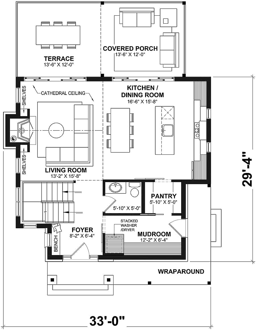 Main level floor plan of the Whistler 3-bedroom two-story rustic cottage with foyer, living room, kitchen, dining room, mudroom, and covered porches.