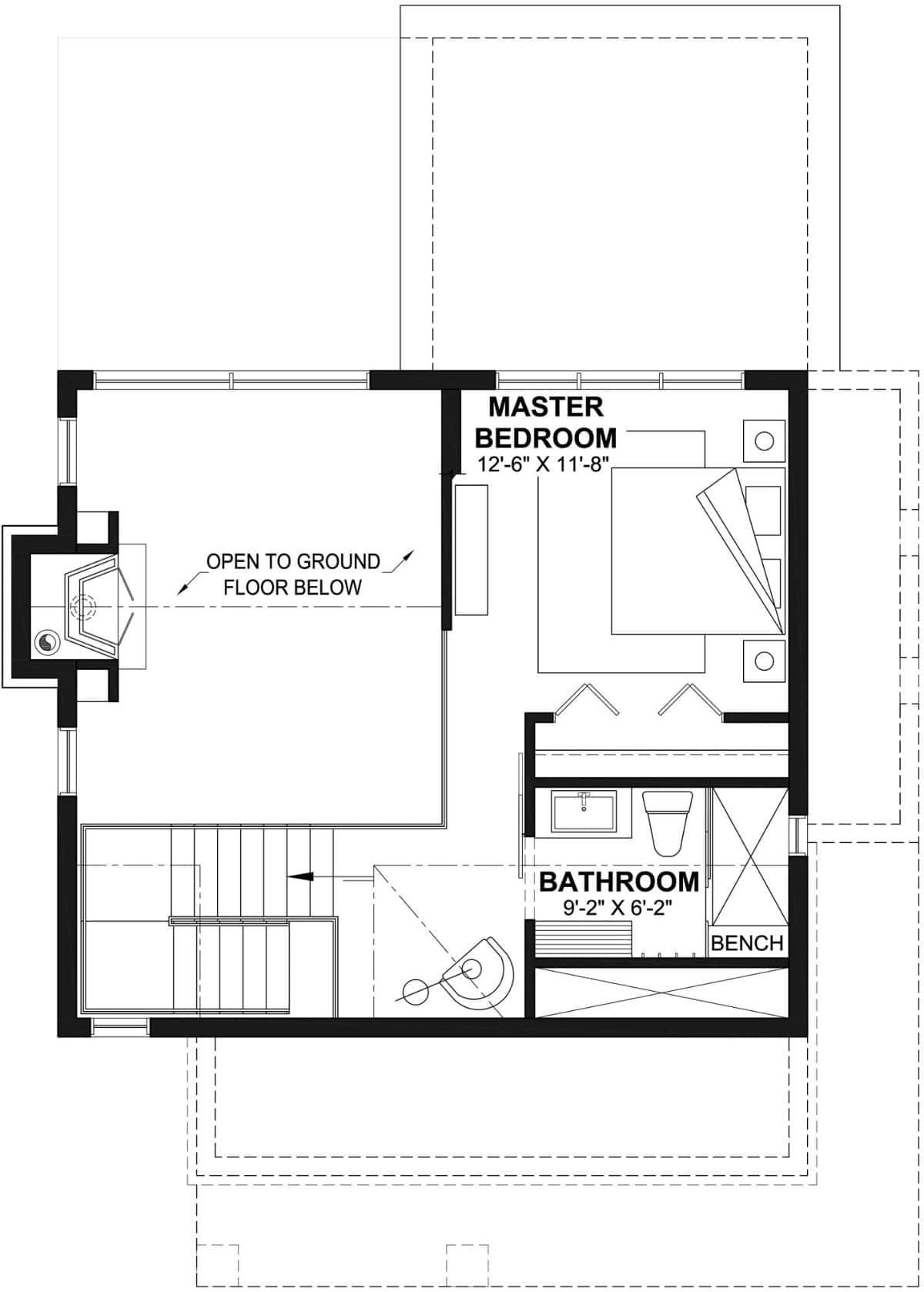 Second level floor plan with a primary bedroom and a full bathroom.