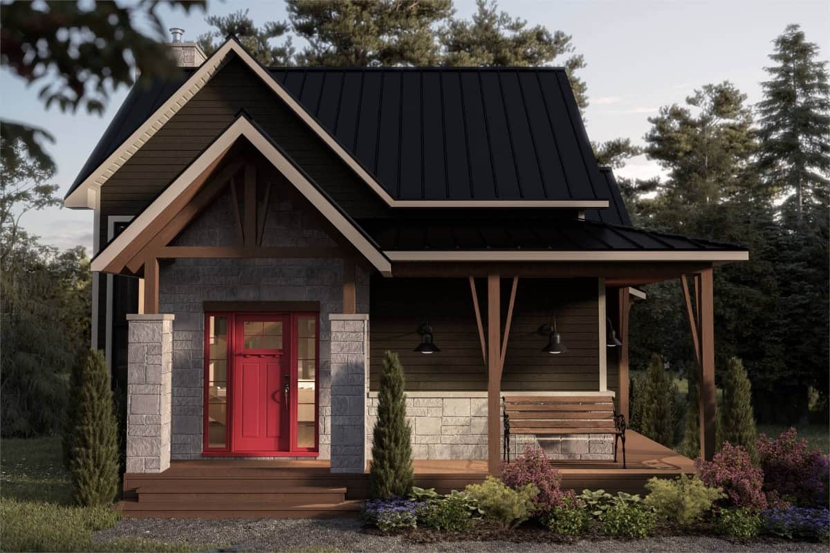 Front view with a covered entry porch and a red glazed door.