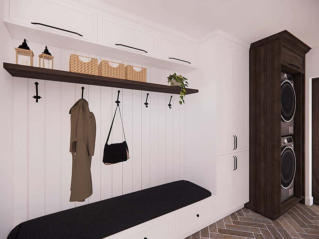 Mudroom with storage bench, coat hooks, floating shelves, and a stackable washer and dryer.