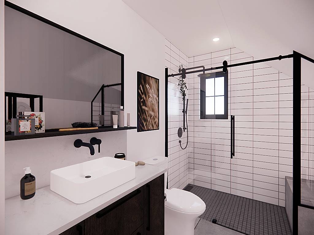 Primary bathroom with a vessel sink vanity and a walk-in shower with a tiled bench.