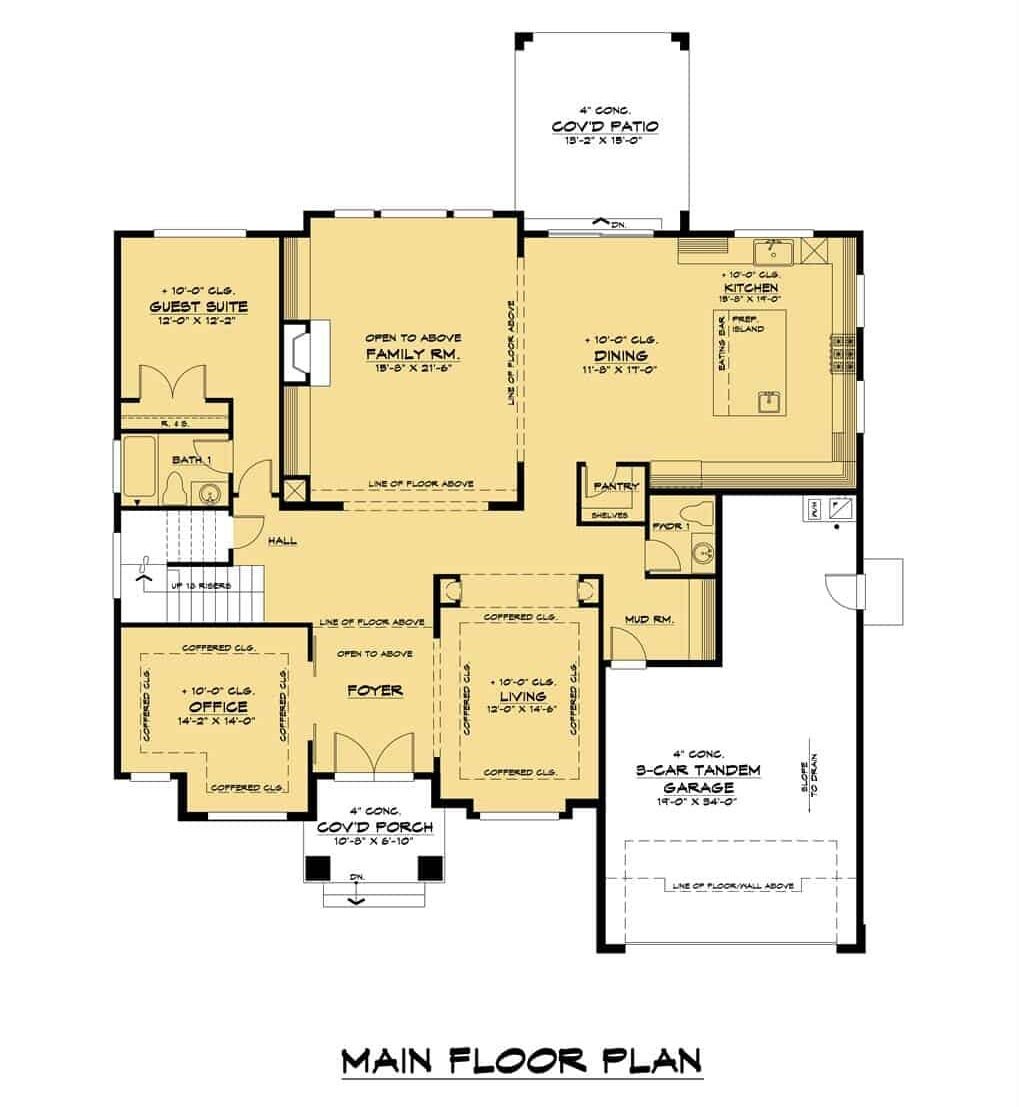 Main level floor plan of a 5-bedroom contemporary style two-story Redmond home with foyer, living room, family room, dining area, ,kitchen, home office, guest suite, and mudroom leading to the garage.